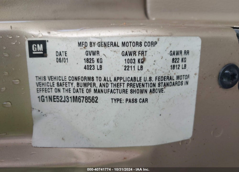 2001 CHEVROLET MALIBU LS VIN: 1G1NE52J31M678562
