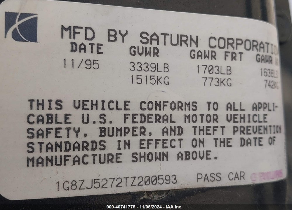 1996 SATURN SL2 VIN: 1G8ZJ5272TZ200593