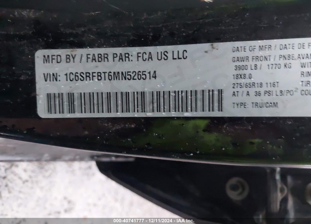 2021 RAM 1500 BIG HORN VIN: 1C6SRFBT6MN526514