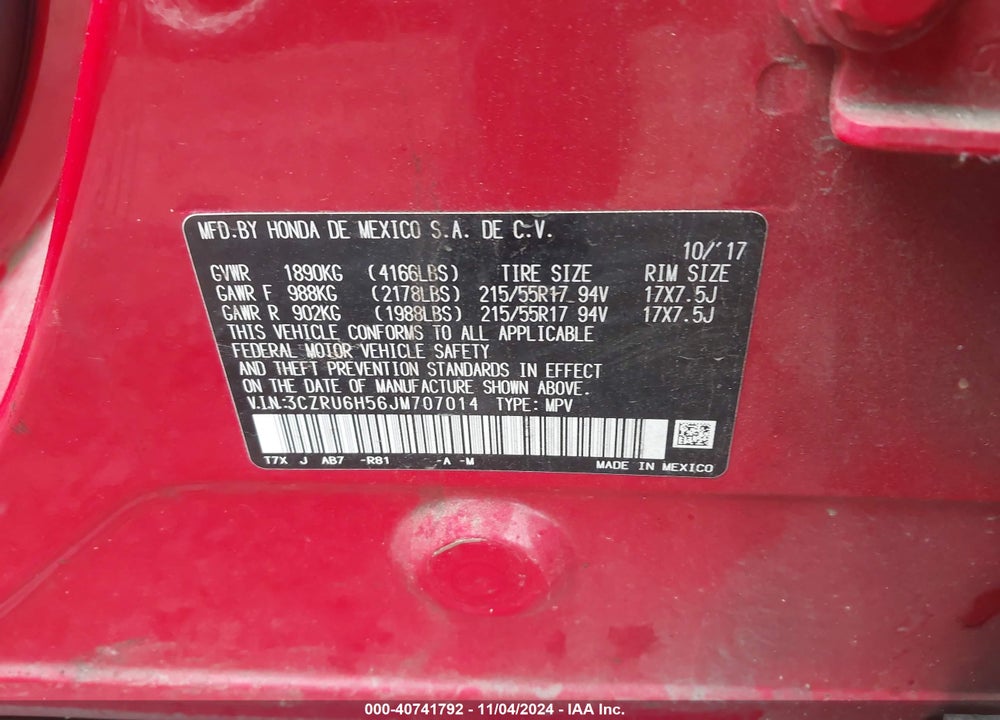 2018 HONDA HR-V EX VIN: 3CZRU6H56JM707014