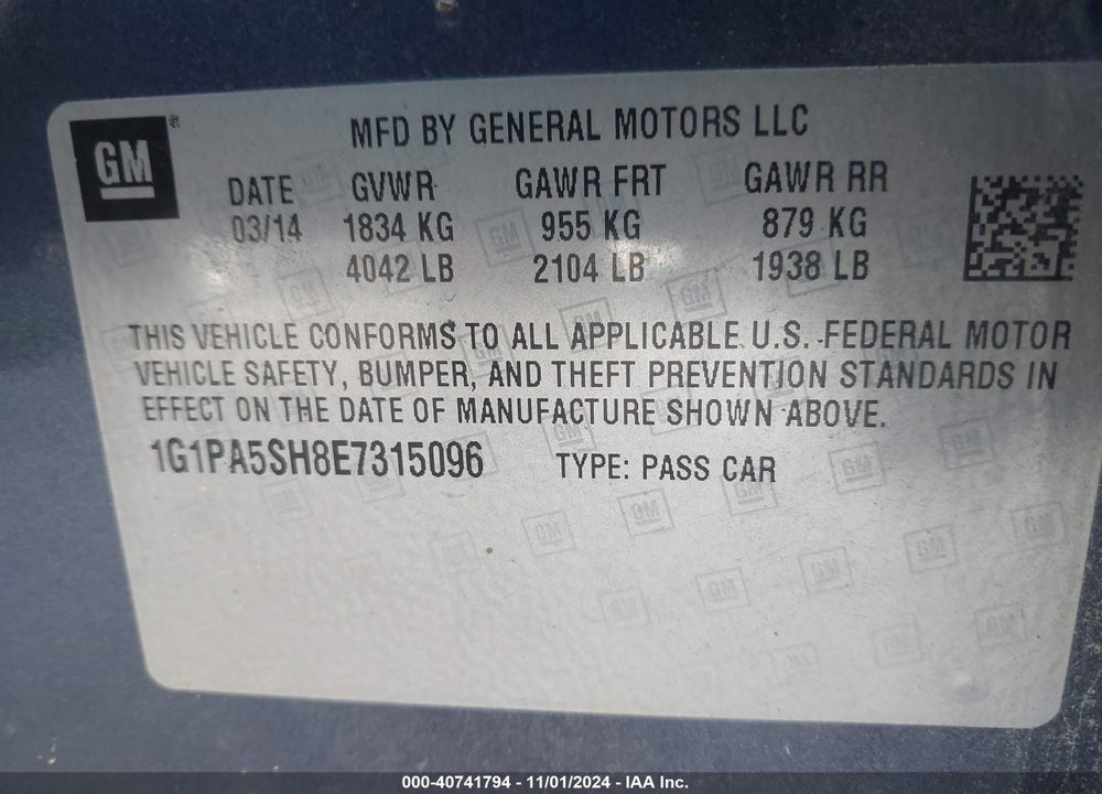 2014 CHEVROLET CRUZE LS AUTO VIN: 1G1PA5SH8E7315096