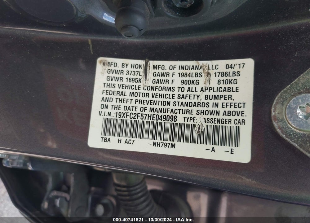 2017 HONDA CIVIC LX VIN: 19XFC2F57HE049098