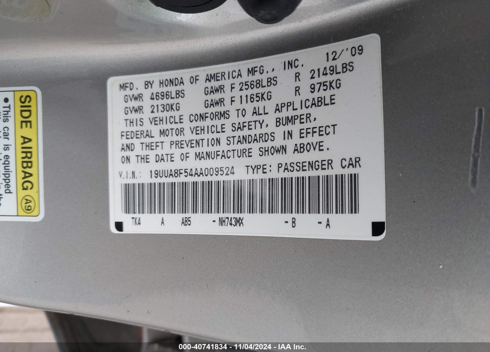 2010 ACURA TL 3.5 VIN: 19UUA8F54AA009524