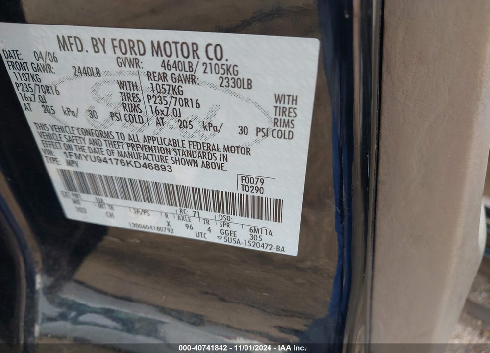 2006 FORD ESCAPE LIMITED VIN: 1FMYU94176KD46893
