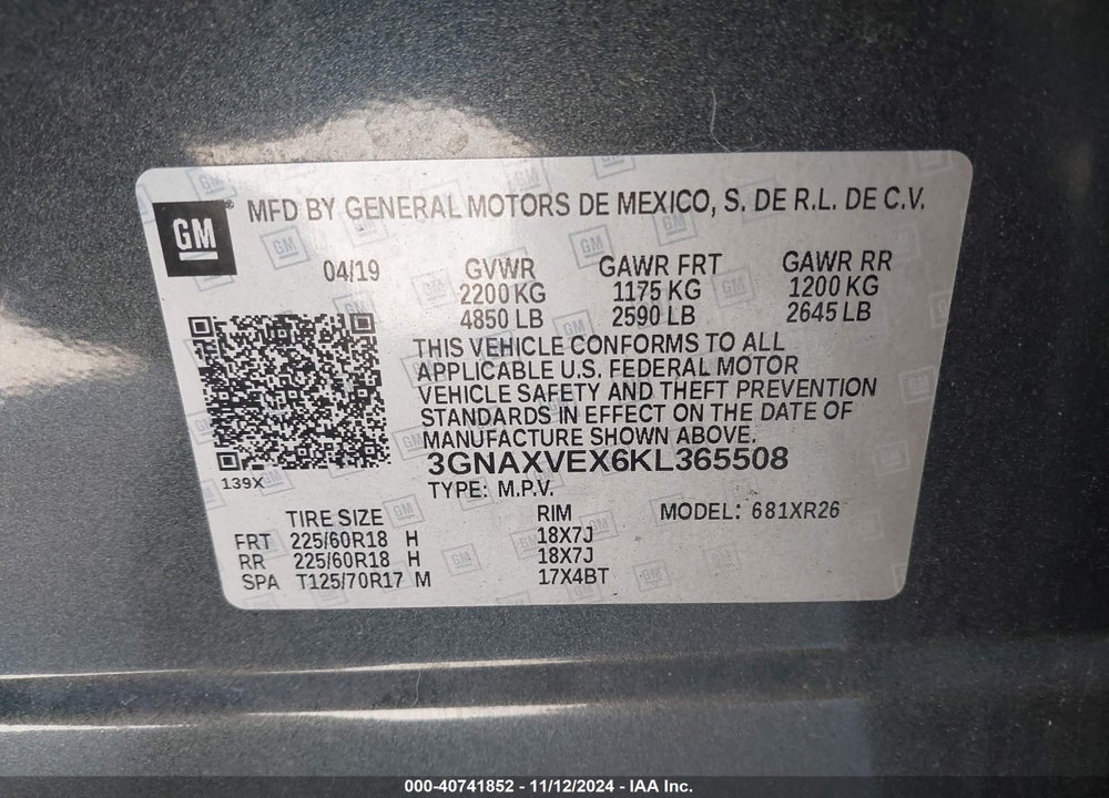 2019 CHEVROLET EQUINOX LT VIN: 3GNAXVEX6KL365508