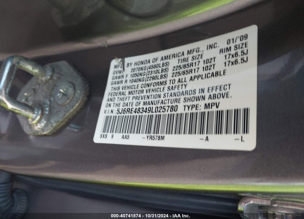 2009 HONDA CR-V LX VIN: 5J6RE48349L025780