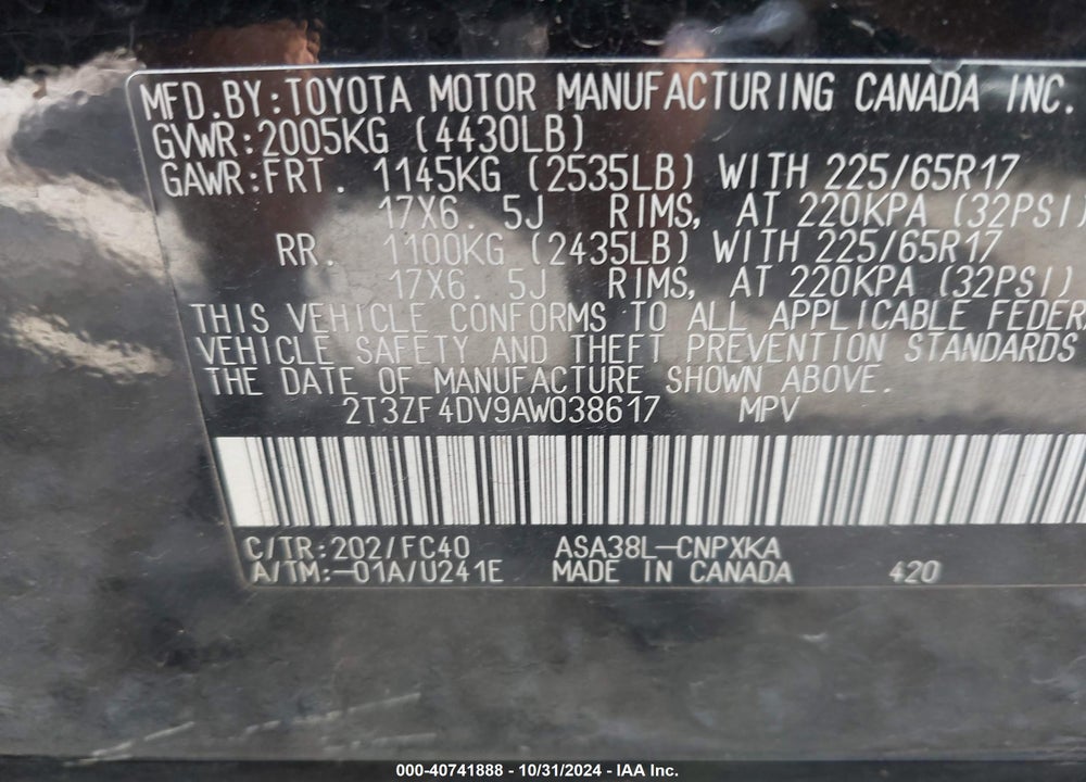 2010 TOYOTA RAV4 VIN: 2T3ZF4DV9AW038617