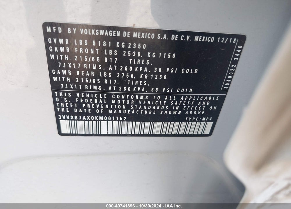 2019 VOLKSWAGEN TIGUAN 2.0T SE/2.0T SEL/2.0T SEL R-LINE/2.0T SEL R-LINE BLACK VIN: 3VV3B7AX0KM061152