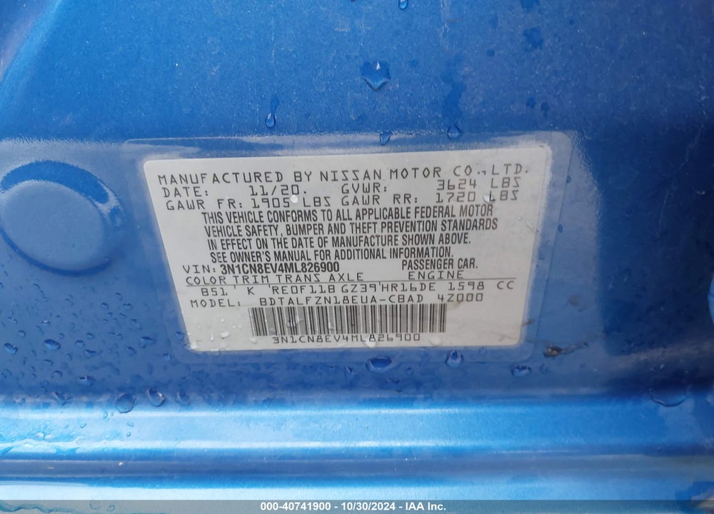 2021 NISSAN VERSA SV XTRONIC CVT VIN: 3N1CN8EV4ML826900