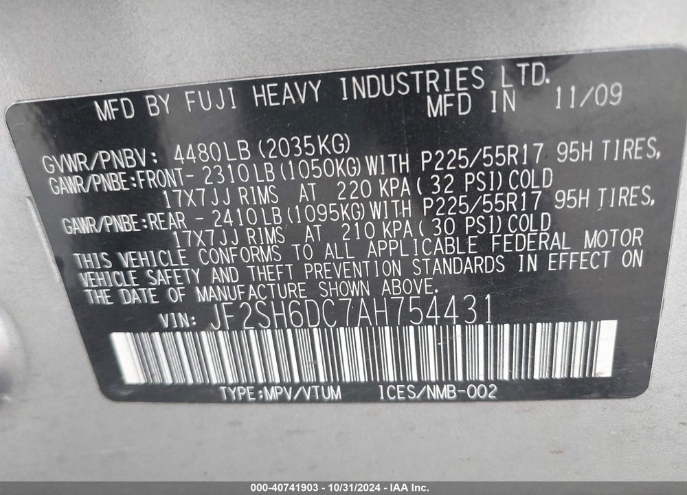 2010 SUBARU FORESTER 2.5X LIMITED VIN: JF2SH6DC7AH754431