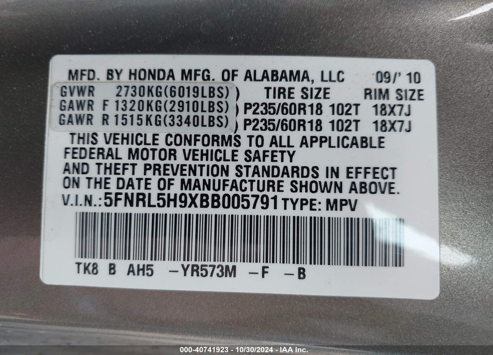 2011 HONDA ODYSSEY TOURING/TOURING ELITE VIN: 5FNRL5H9XBB005791