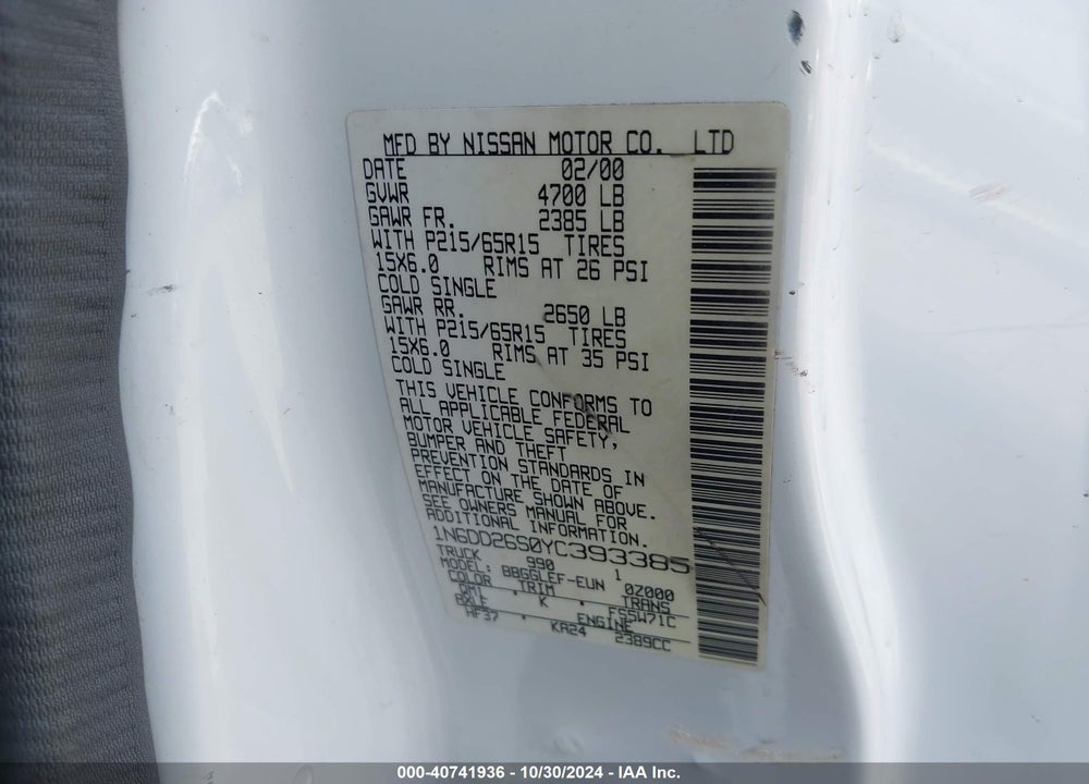 2000 NISSAN FRONTIER XE VIN: 1N6DD26S0YC393385