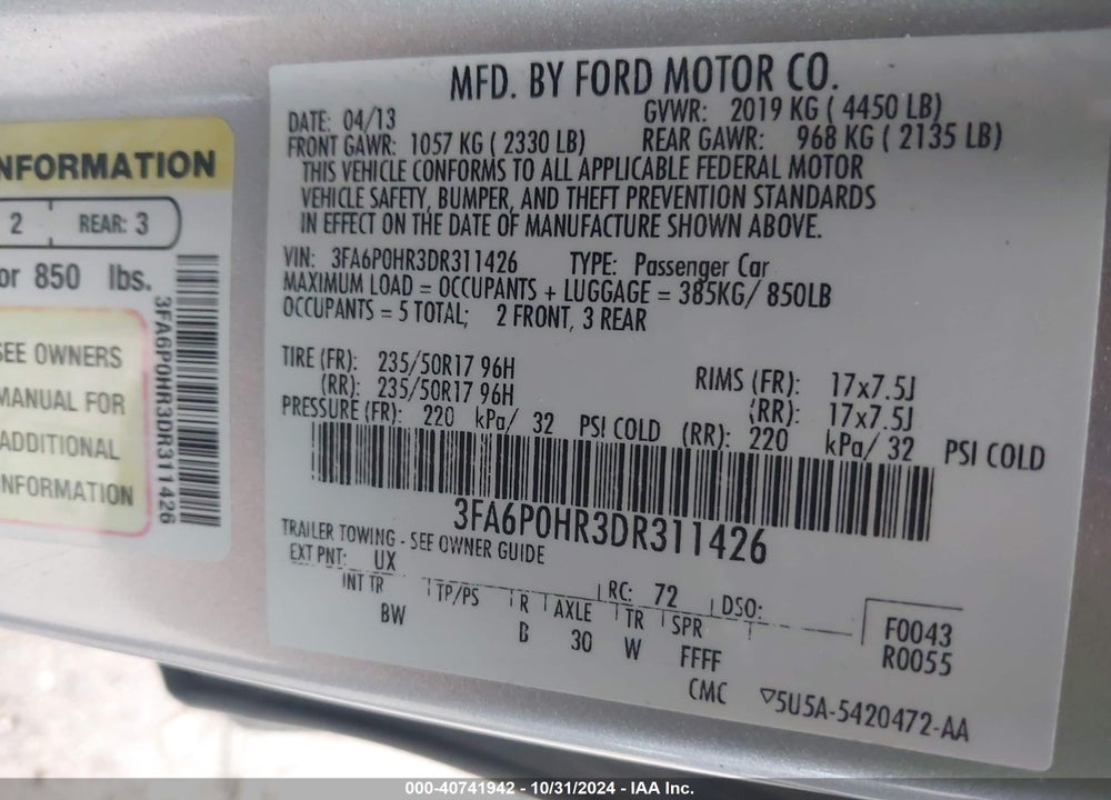 2013 FORD FUSION SE VIN: 3FA6P0HR3DR311426