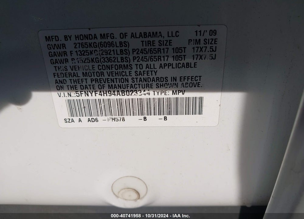 2010 HONDA PILOT TOURING VIN: 5FNYF4H94AB023344