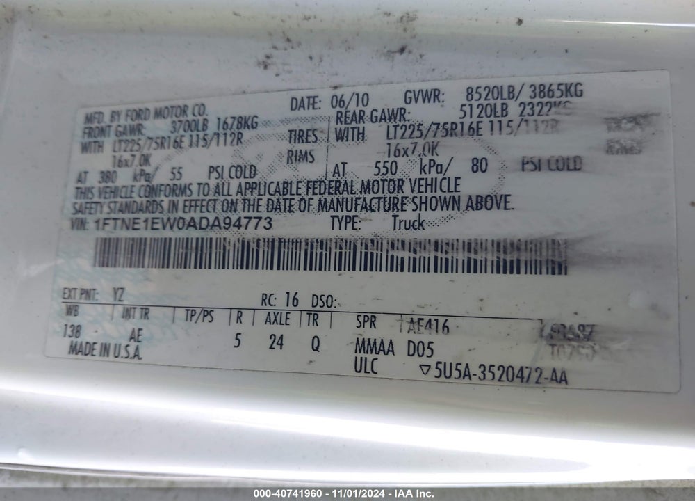 2010 FORD E-150 COMMERCIAL/RECREATIONAL VIN: 1FTNE1EW0ADA94773