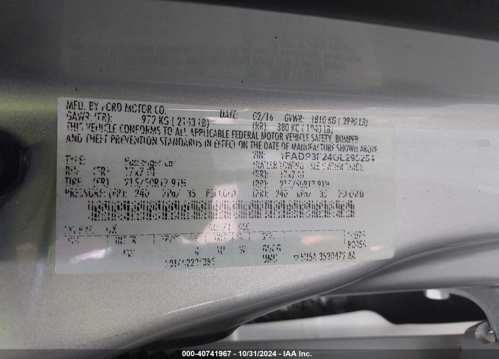 2016 FORD FOCUS SE VIN: 1FADP3F24GL295254