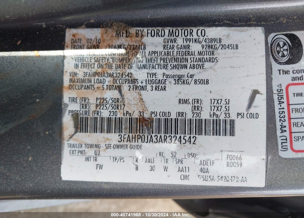 2010 FORD FUSION SEL VIN: 3FAHP0JA3AR324542