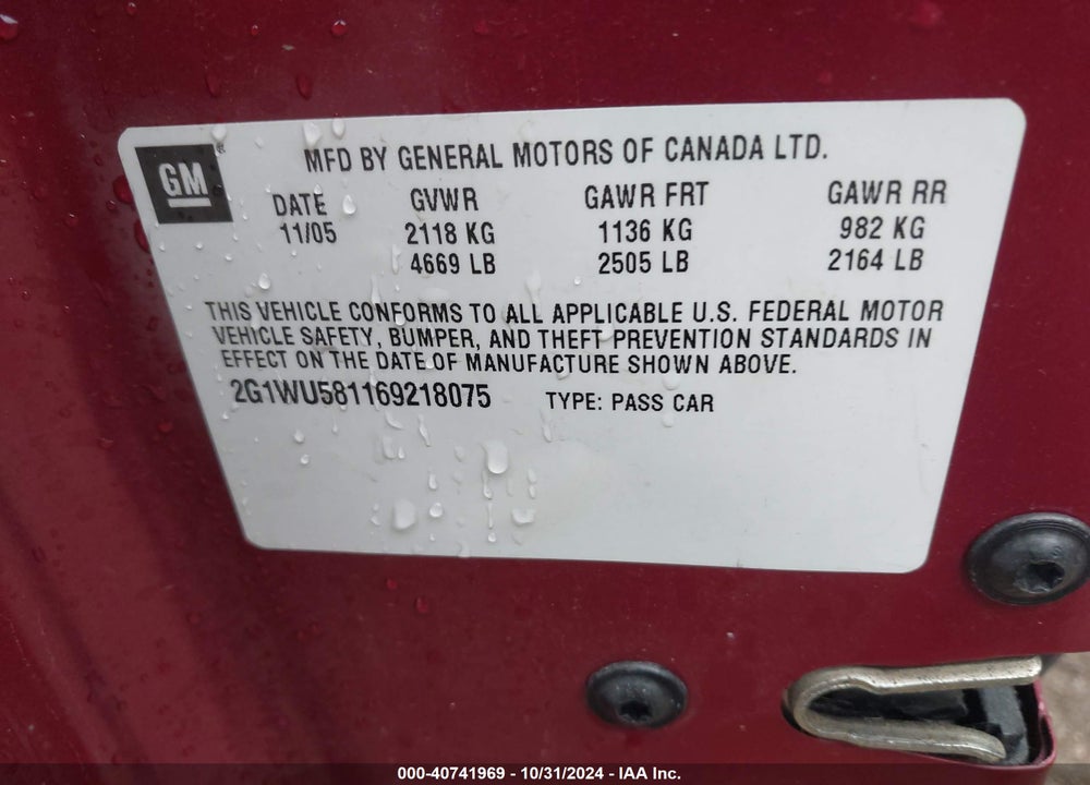 2006 CHEVROLET IMPALA LTZ VIN: 2G1WU581169218075