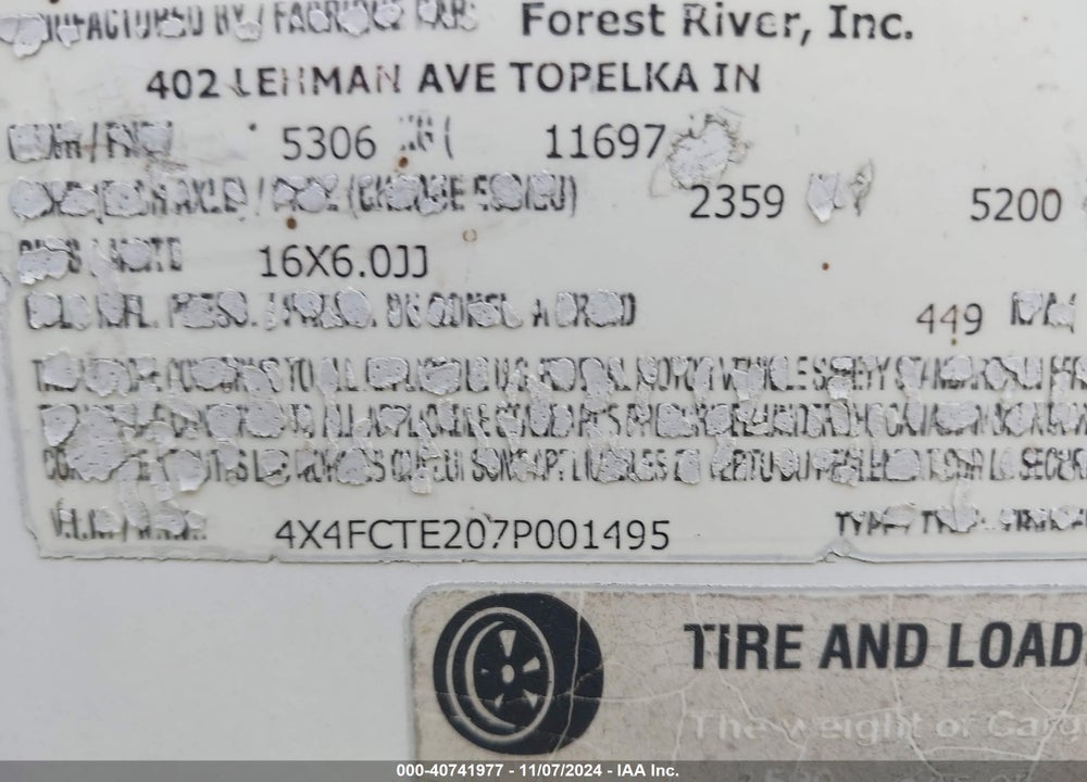 2007 FOREST RIVER CHEROKEE VIN: 4X4FCTE207P001495