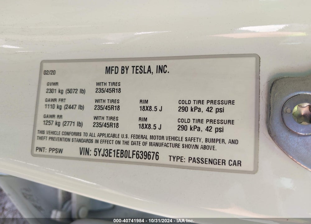 2020 TESLA MODEL 3 VIN: 5YJ3E1EB0LF639676