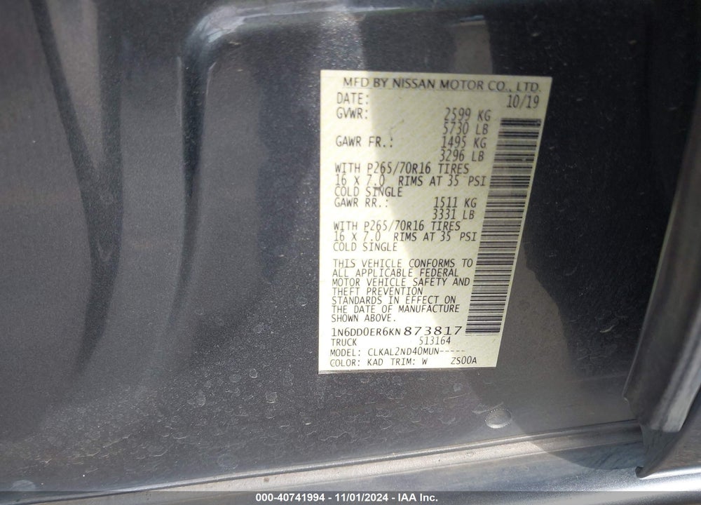 2019 FRONTIER NISSAN  SV VIN: 1N6DD0ER6KN873817