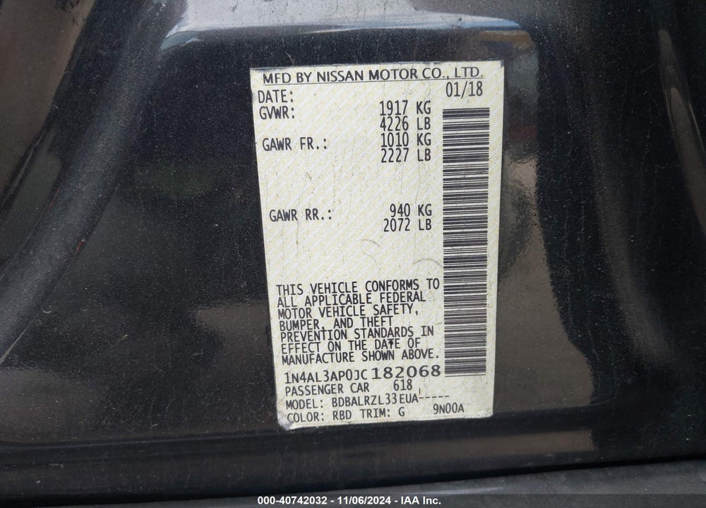 2018 NISSAN ALTIMA 2.5 SL VIN: 1N4AL3AP0JC182068