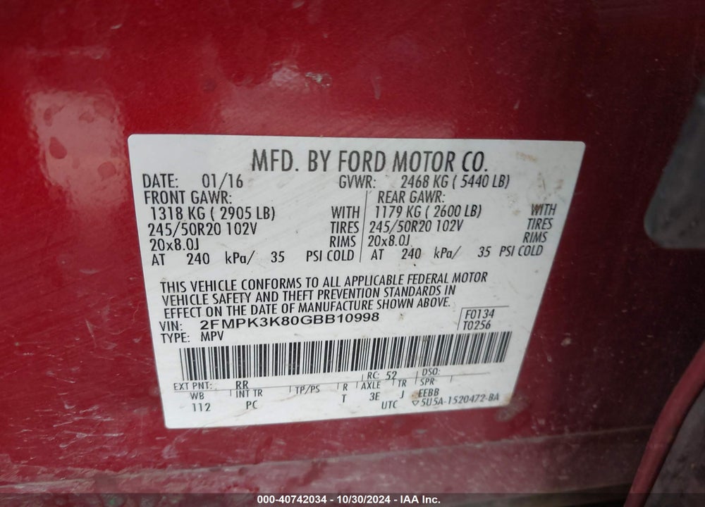 2016 FORD EDGE TITANIUM VIN: 2FMPK3K80GBB10998