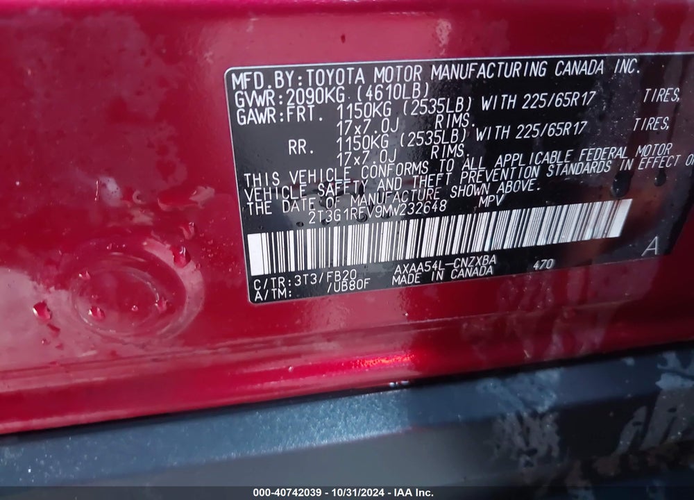 2021 TOYOTA RAV4 LE VIN: 2T3G1RFV9MW232648