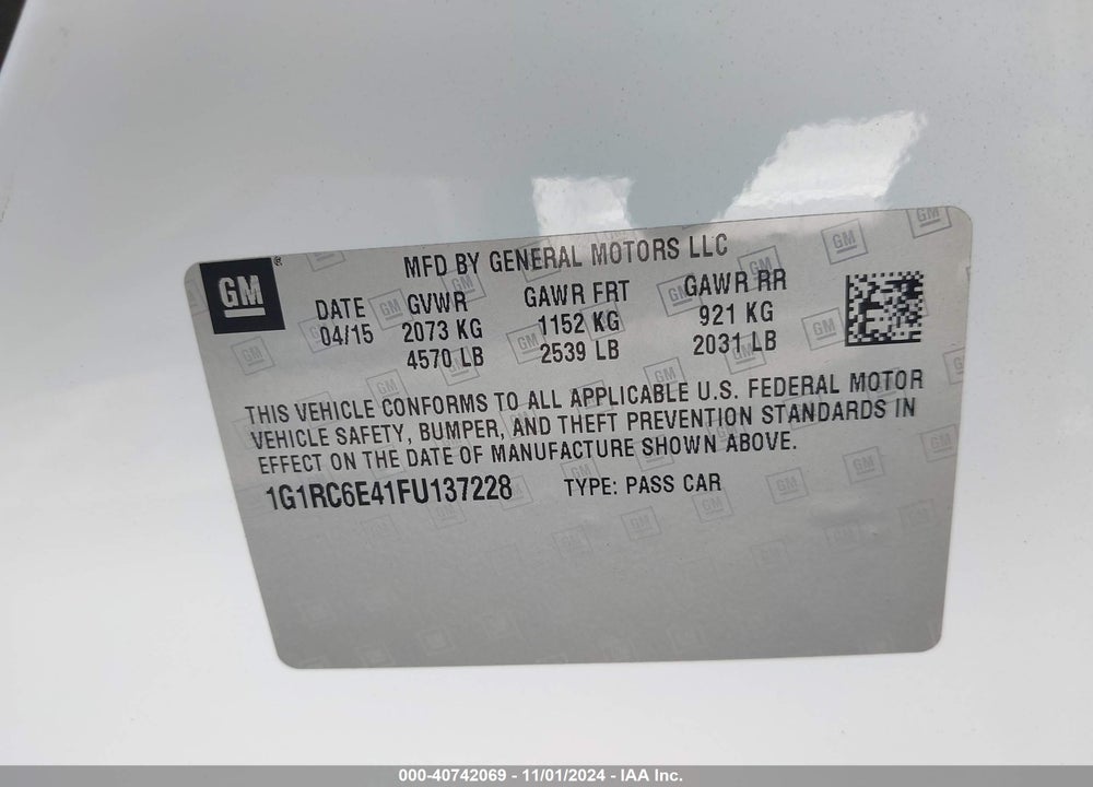 2015 CHEVROLET VOLT VIN: 1G1RC6E41FU137228