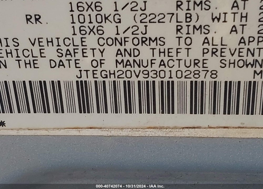 2003 TOYOTA RAV4 VIN: JTEGH20V930102878