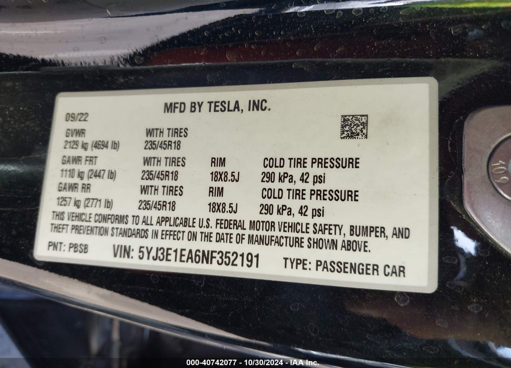 2022 TESLA MODEL 3 REAR-WHEEL DRIVE VIN: 5YJ3E1EA6NF352191
