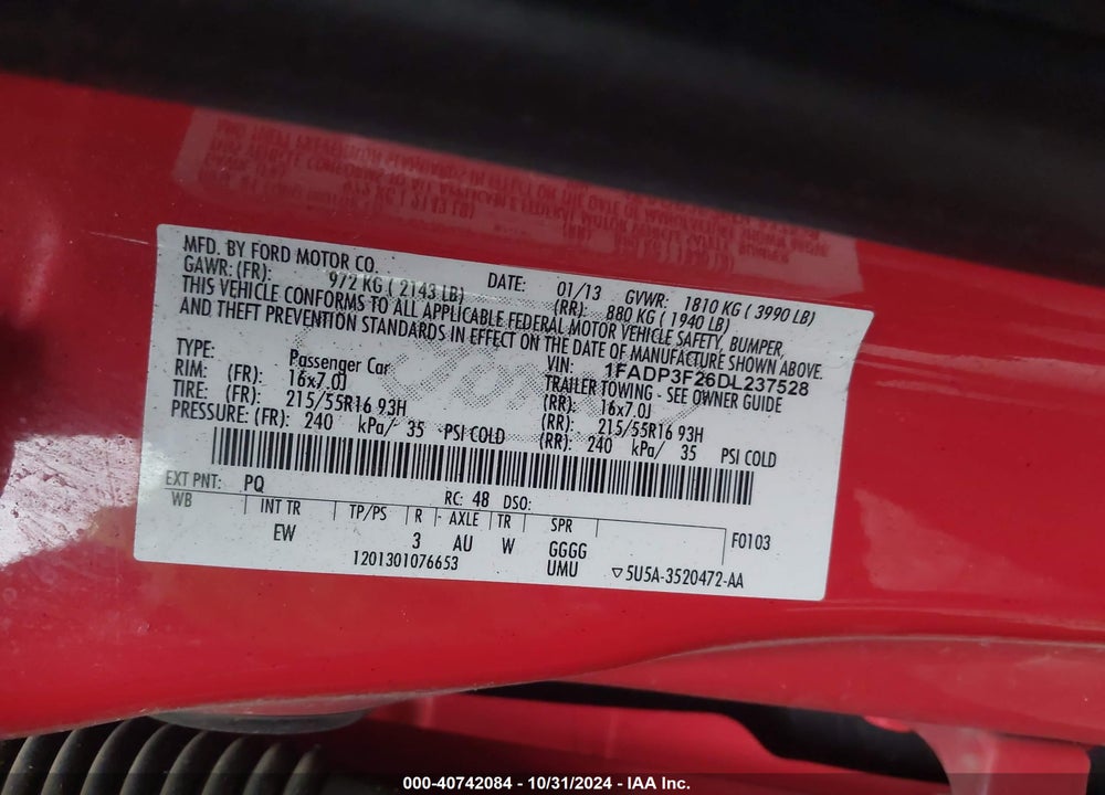 2013 FORD FOCUS SE VIN: 1FADP3F26DL237528