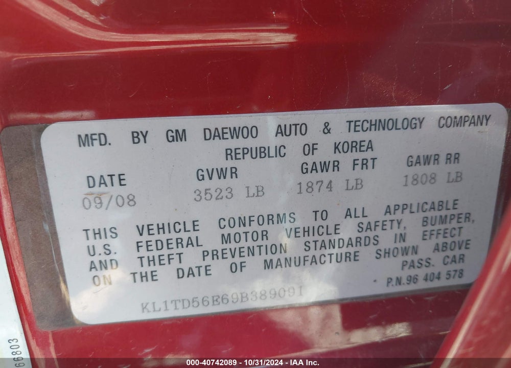 2009 CHEVROLET AVEO LT VIN: KL1TD56E69B389091