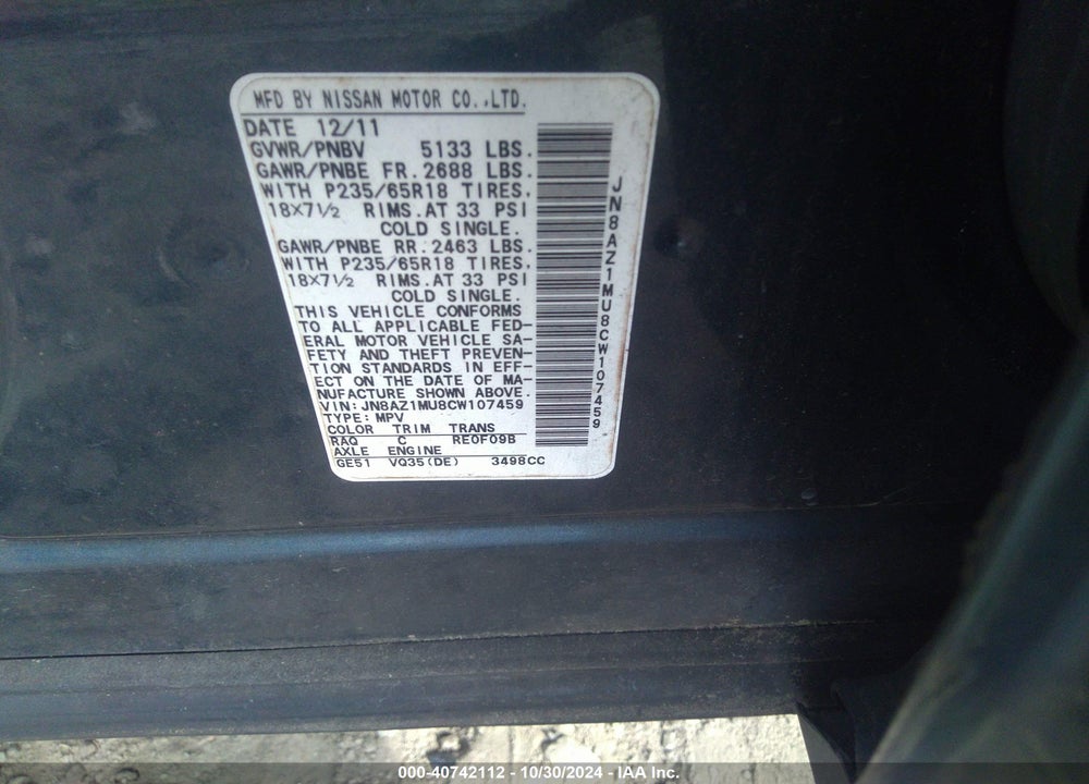 2012 NISSAN MURANO SV VIN: JN8AZ1MU8CW107459