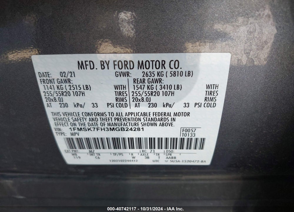 2021 FORD EXPLORER LIMITED VIN: 1FMSK7FH3MGB24281