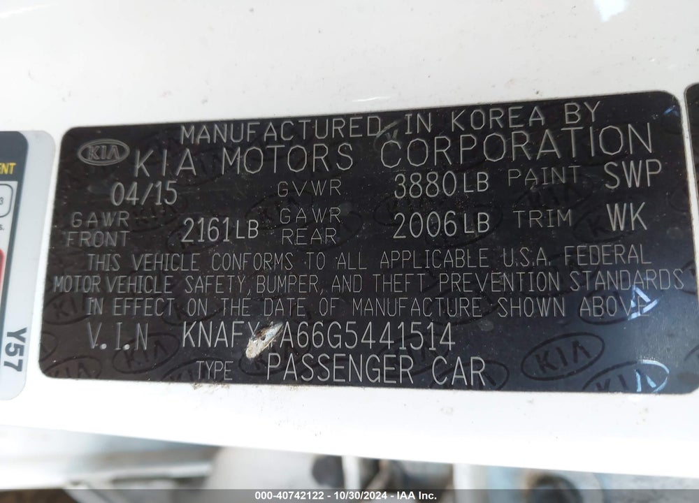 2016 KIA FORTE LX VIN: KNAFX4A66G5441514