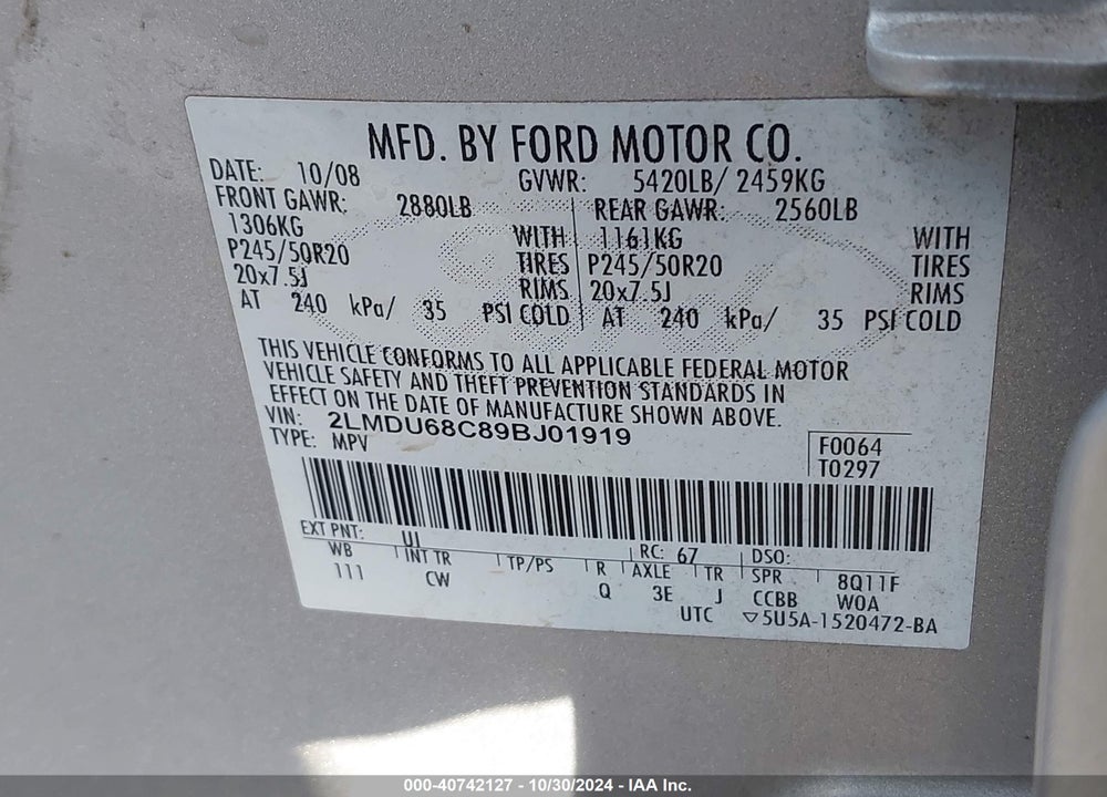 2009 LINCOLN MKX VIN: 2LMDU68C89BJ01919