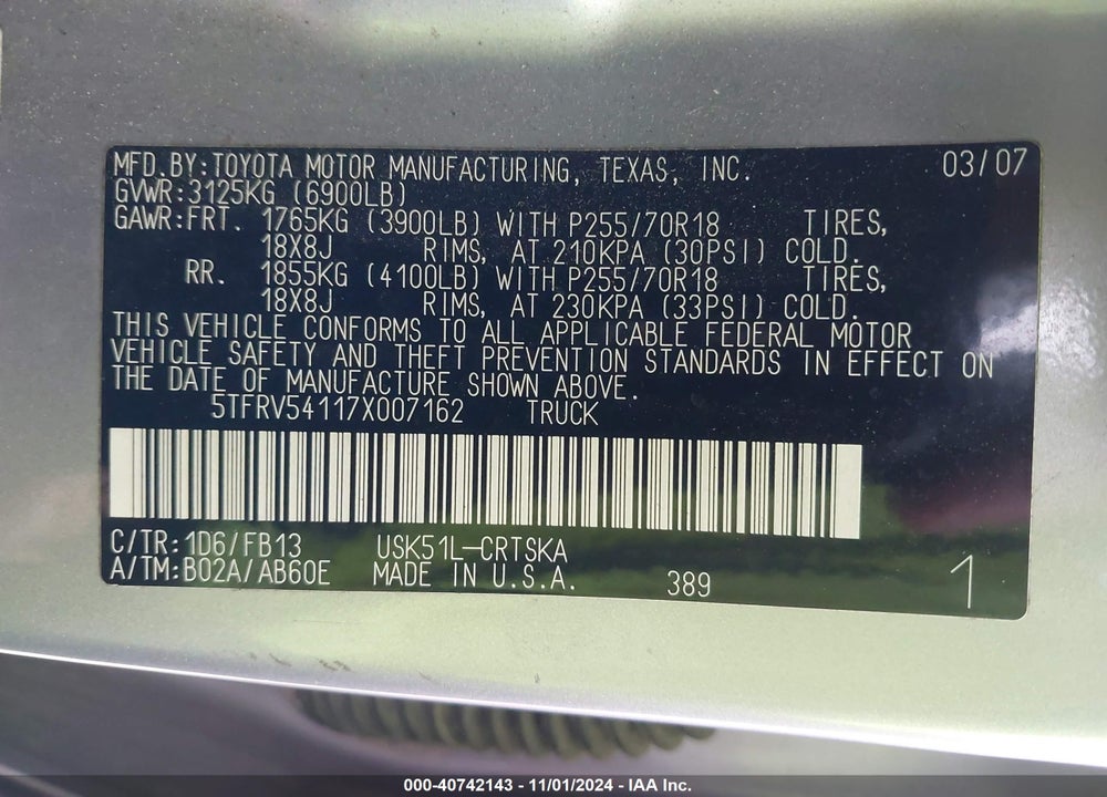 2007 TOYOTA TUNDRA SR5 V8 VIN: 5TFRV54117X007162