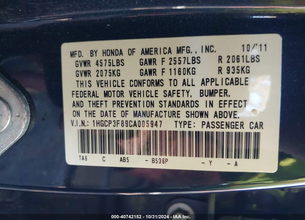 2012 HONDA ACCORD 3.5 EX-L VIN: 1HGCP3F89CA005947
