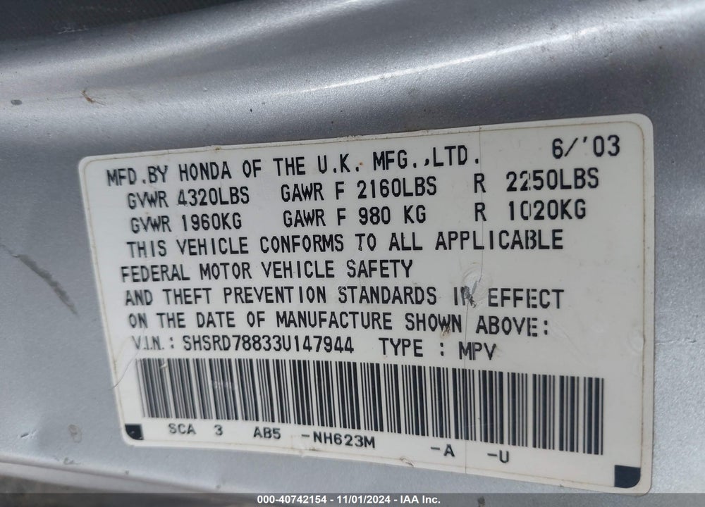2003 HONDA CR-V EX VIN: SHSRD78833U147944