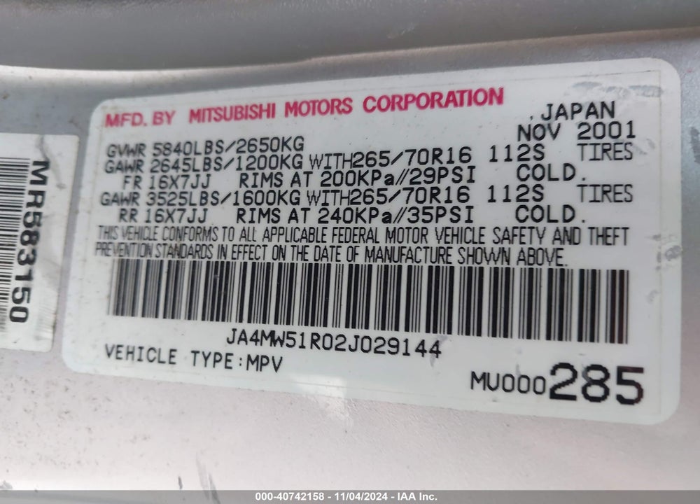2002 MITSUBISHI MONTERO LIMITED VIN: JA4MW51R02J029144