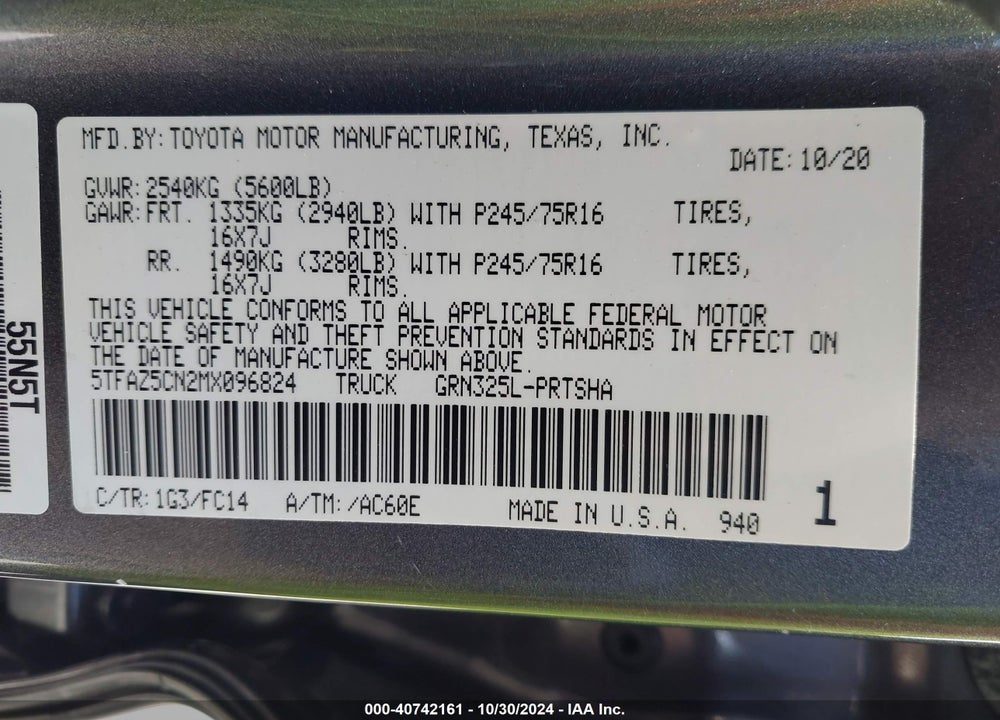 2021 TOYOTA TACOMA SR5 V6 VIN: 5TFAZ5CN2MX096824