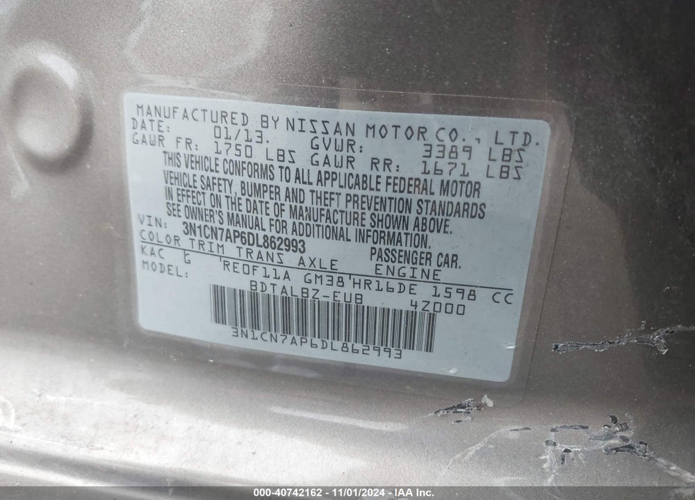 2013 NISSAN VERSA 1.6 SV VIN: 3N1CN7AP6DL862993