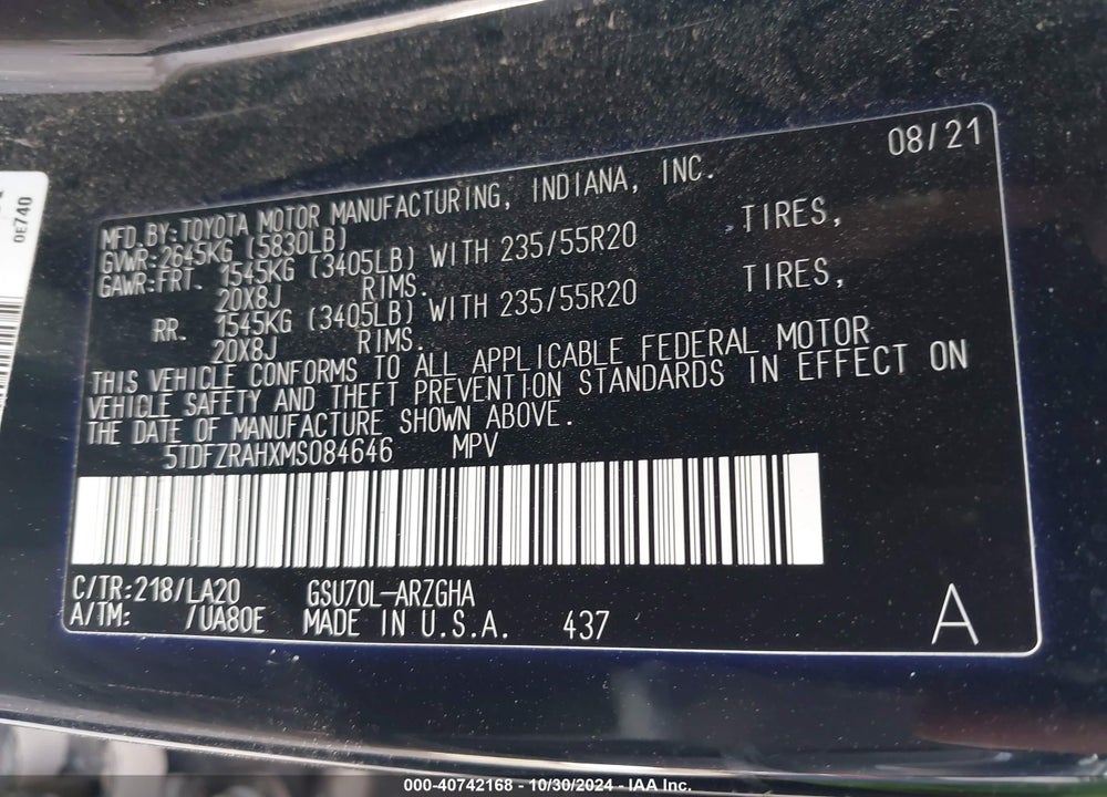 2021 TOYOTA HIGHLANDER PLATINUM VIN: 5TDFZRAHXMS084646