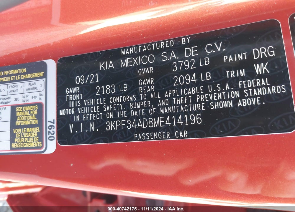 2021 KIA FORTE GT LINE VIN: 3KPF34AD8ME414196