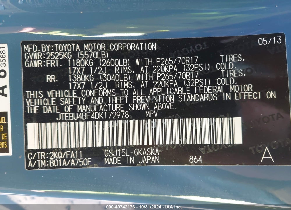 2013 TOYOTA FJ CRUISER VIN: JTEBU4BF4DK172978