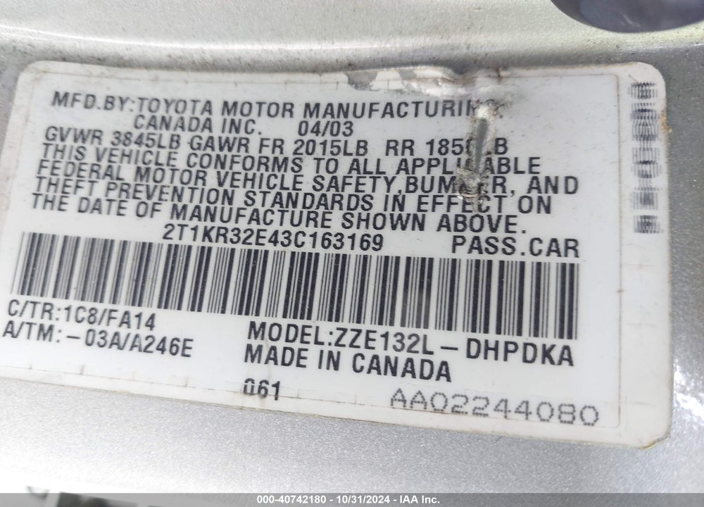 2003 TOYOTA MATRIX STANDARD VIN: 2T1KR32E43C163169