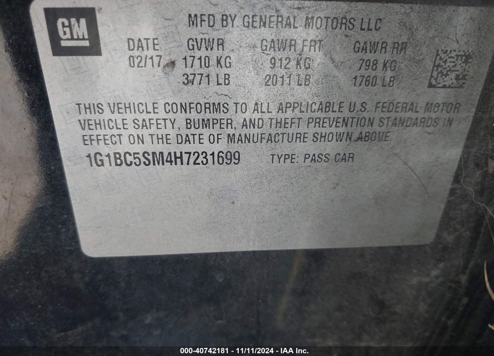 2017 CHEVROLET CRUZE LS AUTO VIN: 1G1BC5SM4H7231699
