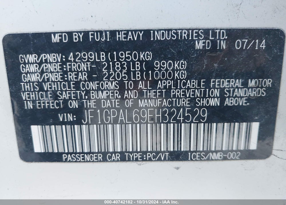 2014 SUBARU IMPREZA 2.0I SPORT PREMIUM VIN: JF1GPAL69EH324529