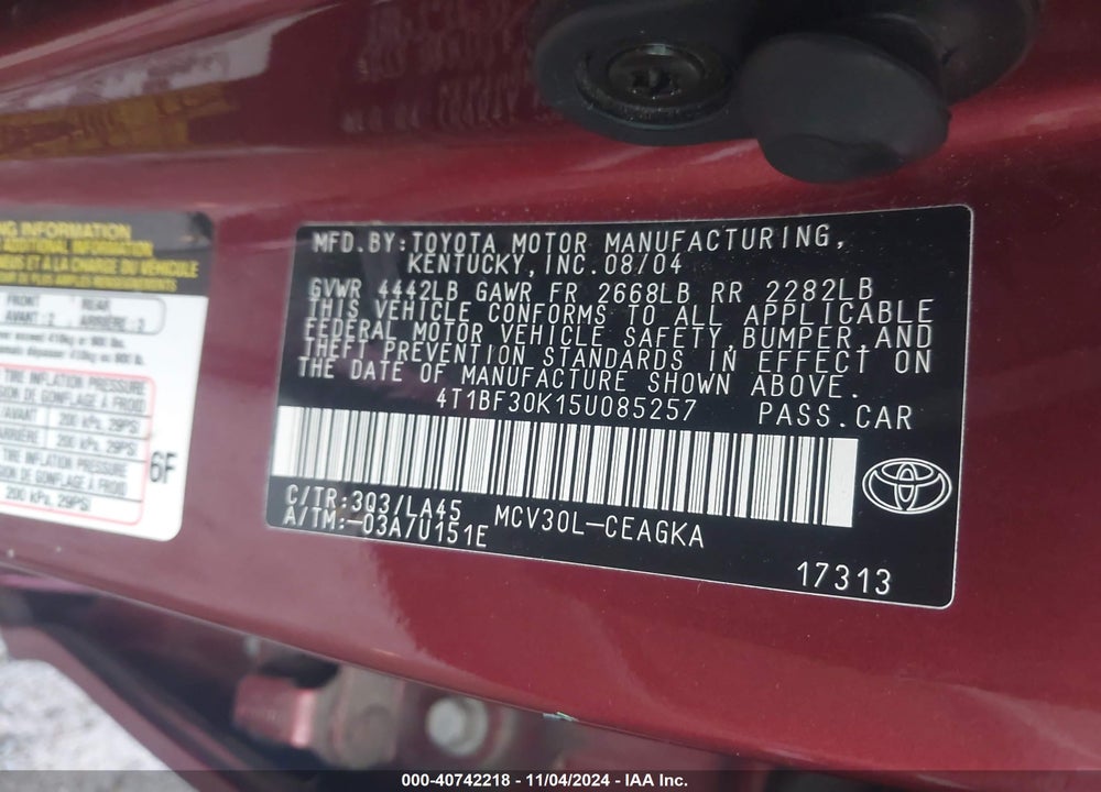 2005 TOYOTA CAMRY XLE V6 VIN: 4T1BF30K15U085257
